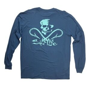 Salt Life Mens Long Sleeve Pocket T-Shirt Blue Skull Fish Hooks Graphic Large